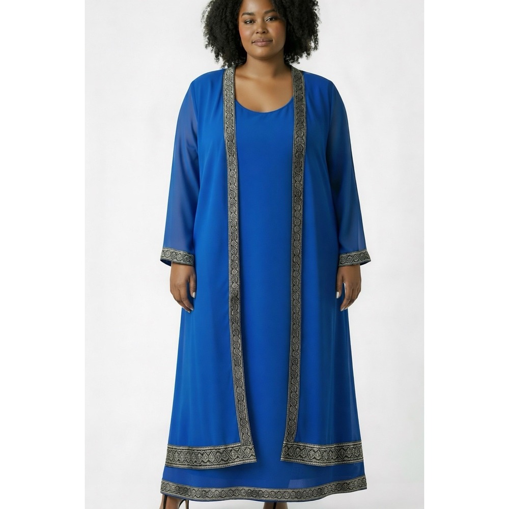 Ashro L Royal Blue Gold Trim Long Dress With Jacket Kaftan India Boho Elegant